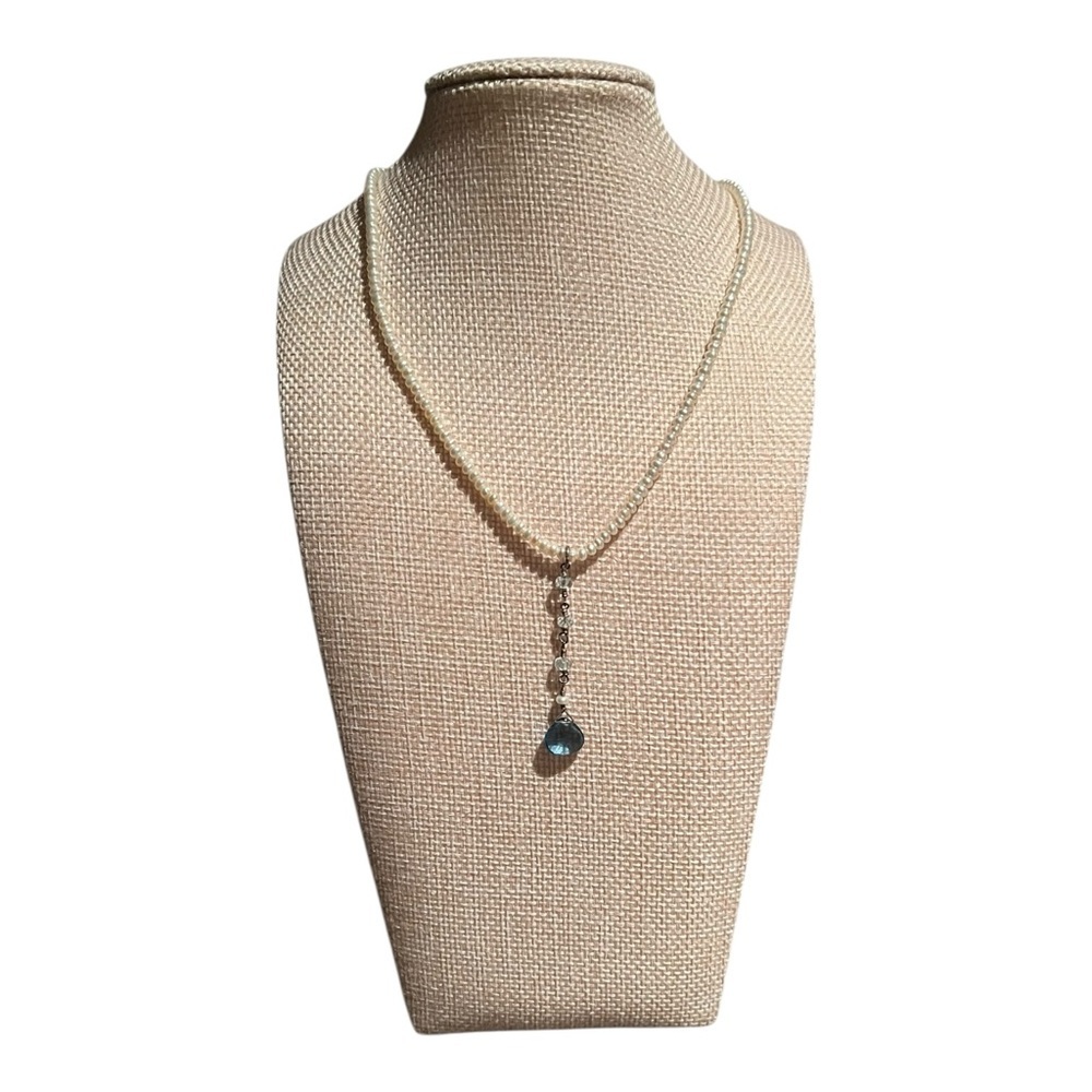Elegant Pearl and Blue Crystal Necklace - 16”